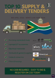 Create a professional, eye-catching poster for South African supply and delivery tenders. Style: Clean corporate with green and gold South African theme. Size: 1920 x 1080 px. Background: Split design. Left side shows a delivery truck with boxes/goods. Right side shows government building or document with SA flag. Main headline in large bold white text across top: "🚚 TOP 10 SUPPLY & DELIVERY TENDERS" Subtitle below in medium gold text: "MID APRIL 2026 – GET PAID TO DELIVER" Middle section: List 6 bullet points in white text with green checkmarks: • Plumbing materials & tools • Laptops & IT accessories • Electrical materials • Hardware & general supplies • Cables & connectors • Filters & housings Bottom section: Dark green banner with gold text: "NO CIDB REQUIRED • EASY TO BID • REGISTER ON CSD TODAY" Small icons around: truck, box, document, money bag, calendar, South African flag. Mood: Professional, trustworthy, action-oriented. Target audience: Small business owners, suppliers, logistics companies. Avoid: Dark or gloomy imagery, overcrowding, text that is too small to read.